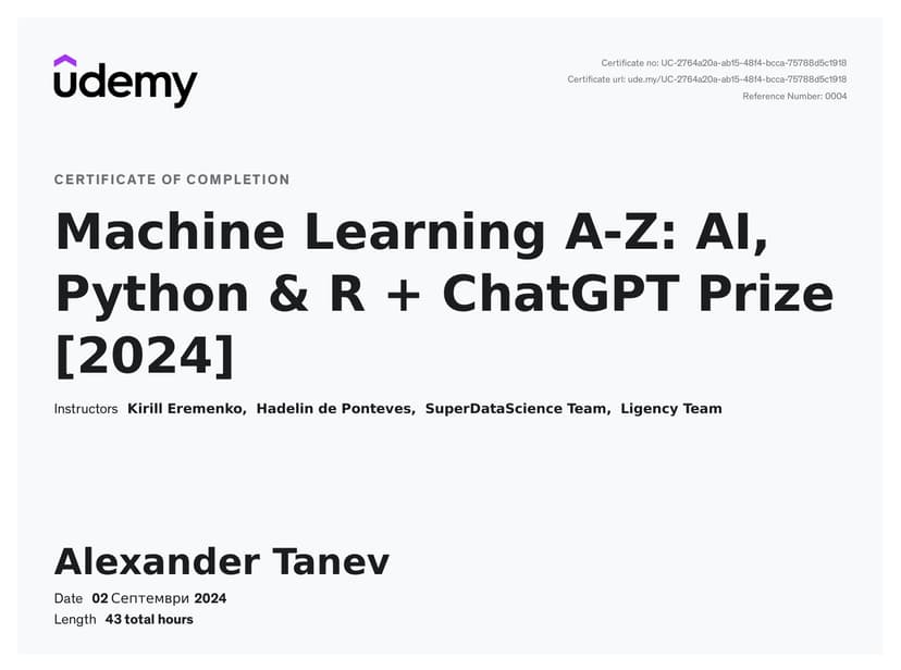 Machine Learning & AI Course Certificate